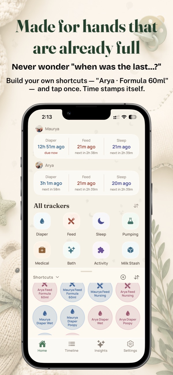 Snuglet home screen with one-tap shortcuts